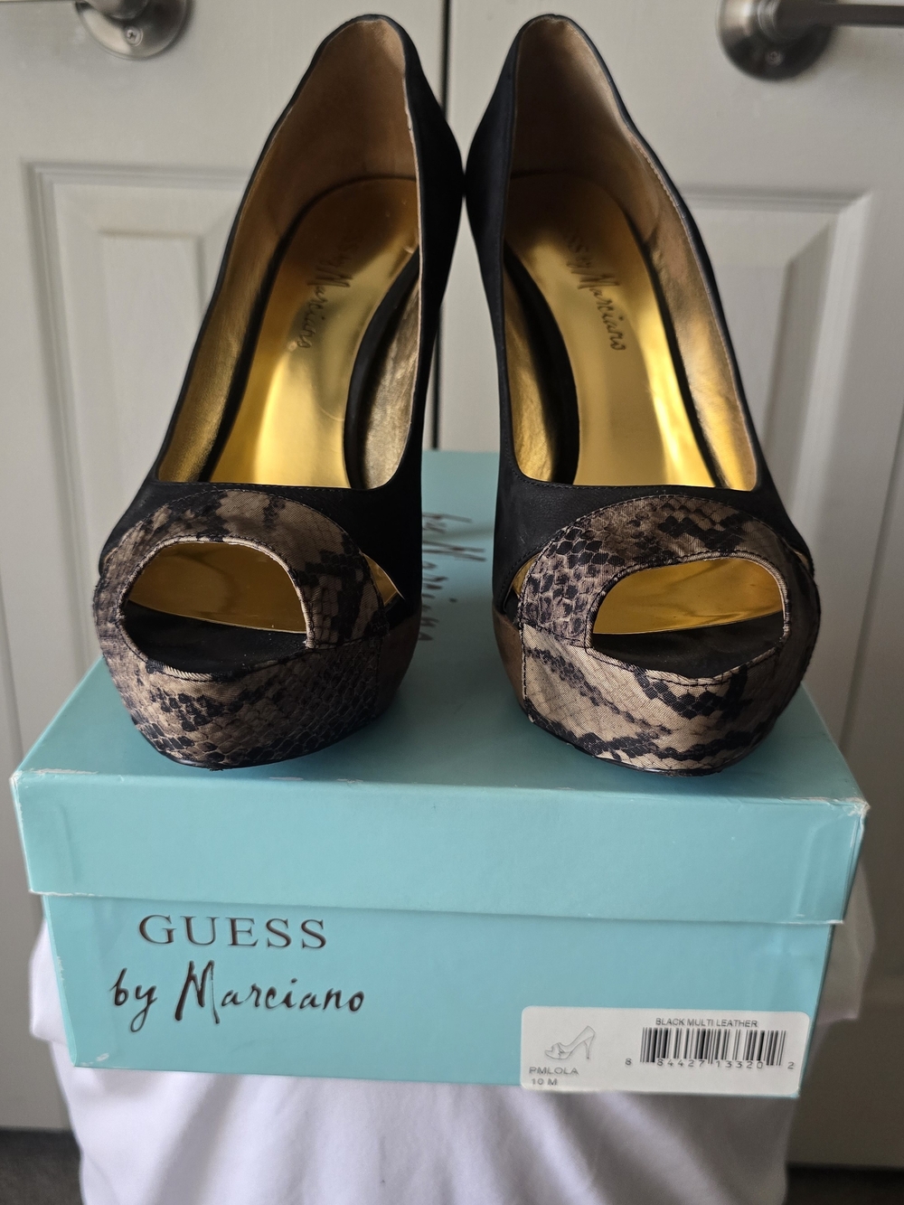 Guess by Marciano Black Peep-Toe Pumps with Snake-Print Platform